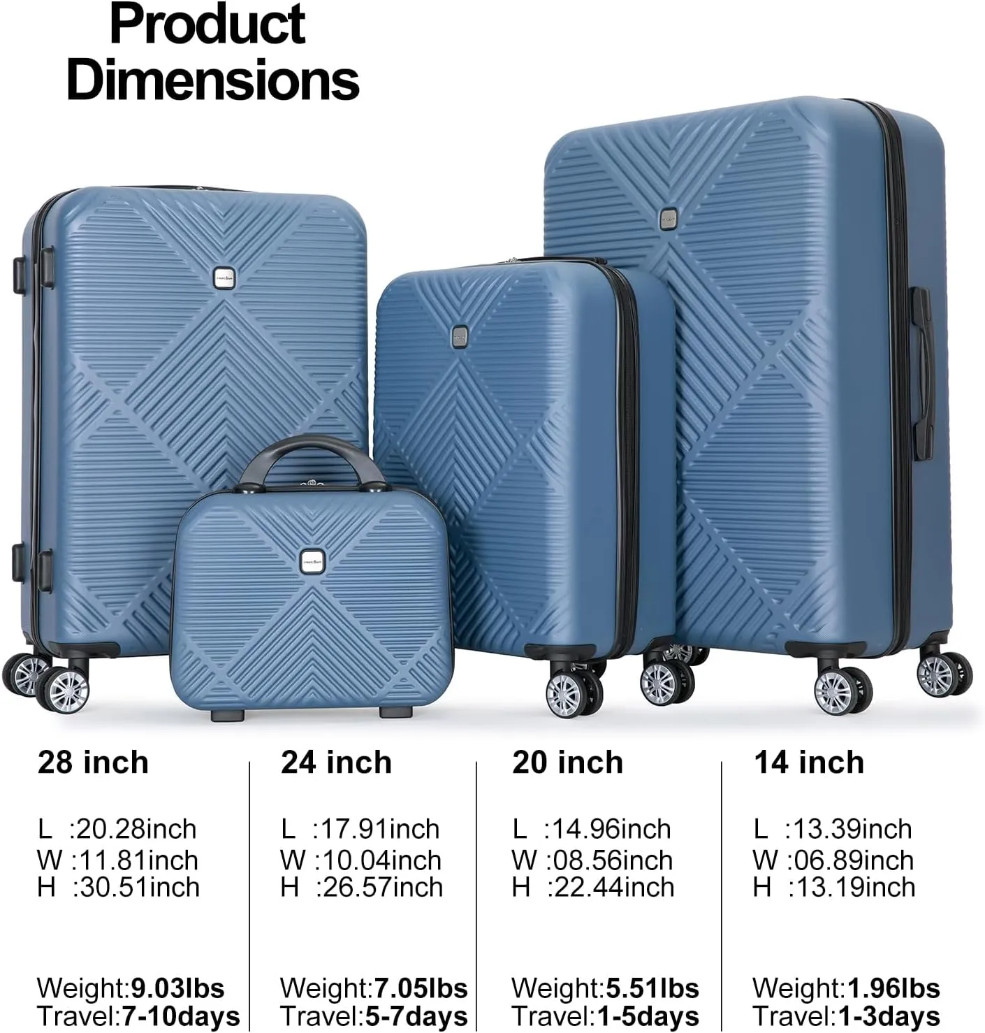 Luggage 4 Piece Set, Hardshell ABS Suitcase Set with Double Spinner Wheels, Lightweight Suitcase, Carry On and Checked Travel Luggage, Dark Blue
