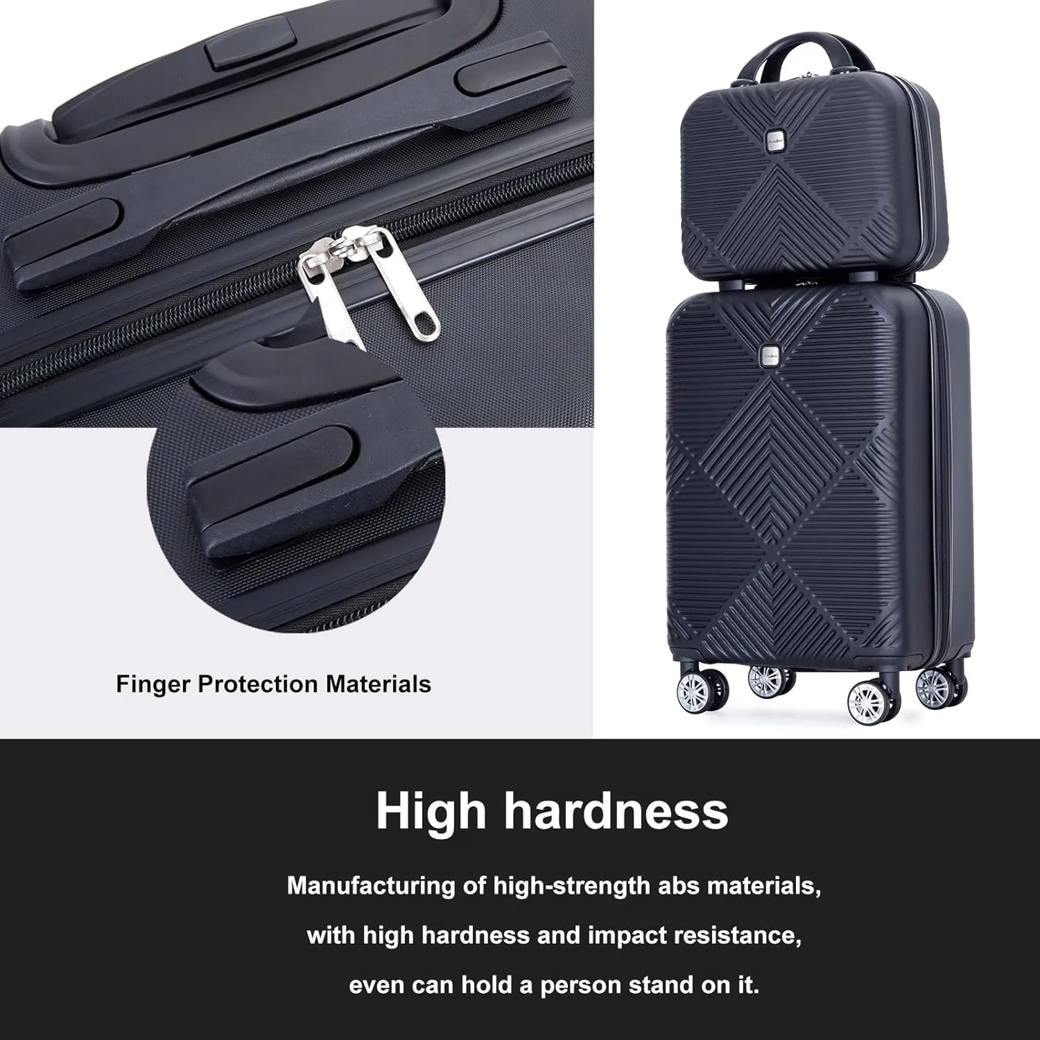 Luggage 4 Piece Set, Hardshell ABS Suitcase Set with Double Spinner Wheels, Lightweight Suitcase, Carry On and Checked Travel Luggage,Dark Black