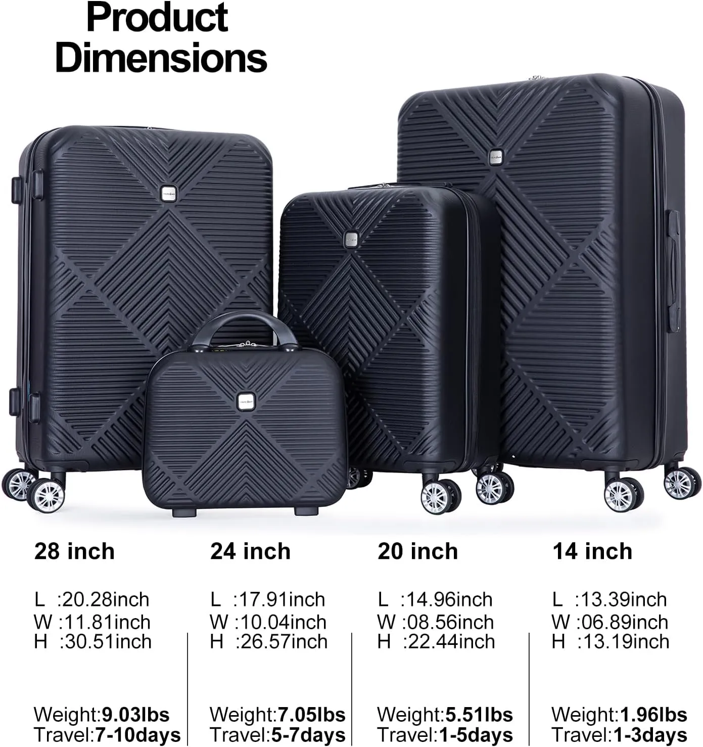 Luggage 4 Piece Set, Hardshell ABS Suitcase Set with Double Spinner Wheels, Lightweight Suitcase, Carry On and Checked Travel Luggage,Dark Black