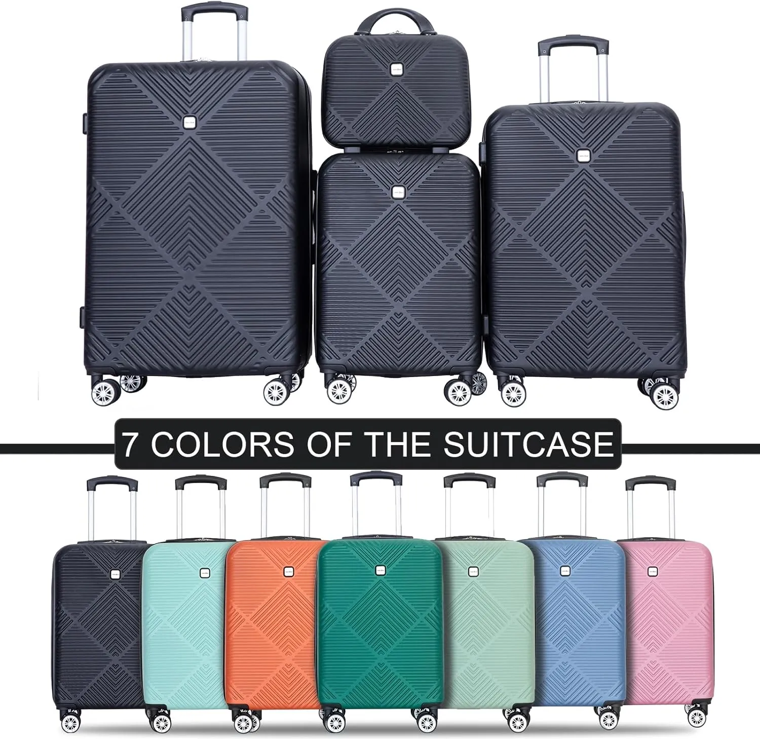 Luggage 4 Piece Set, Hardshell ABS Suitcase Set with Double Spinner Wheels, Lightweight Suitcase, Carry On and Checked Travel Luggage,Dark Black
