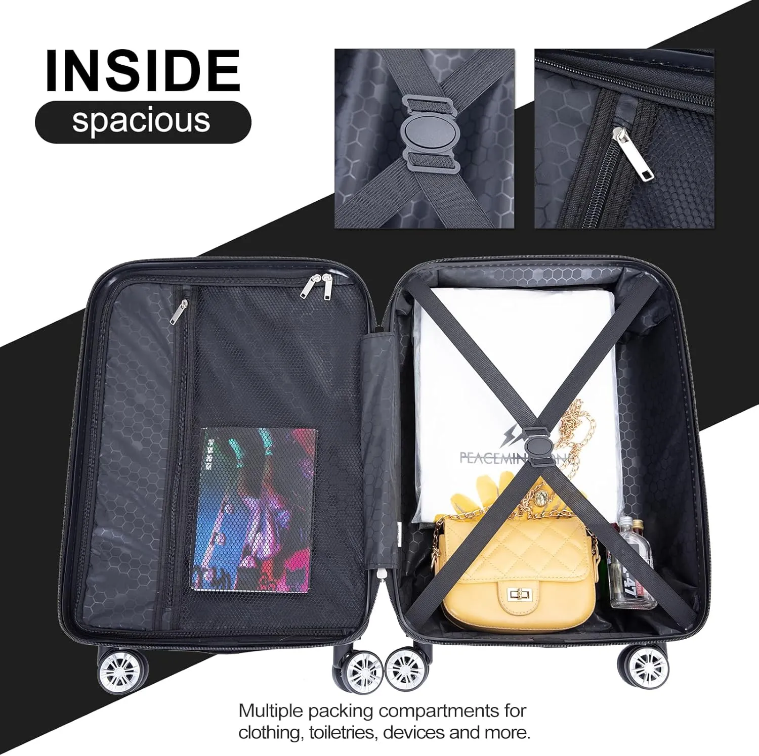 Luggage 4 Piece Set, Hardshell ABS Suitcase Set with Double Spinner Wheels, Lightweight Suitcase, Carry On and Checked Travel Luggage,Dark Black