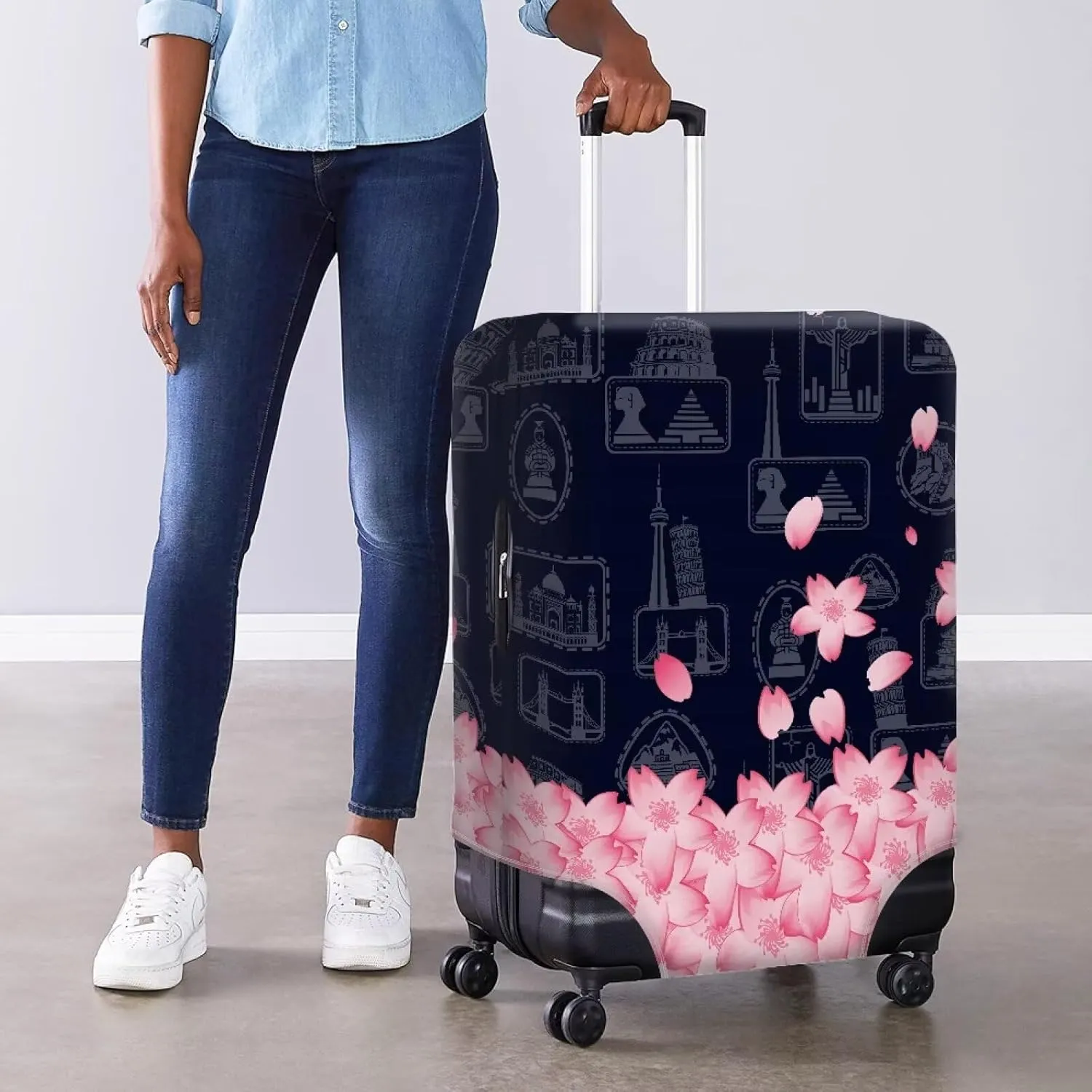 Luggage Cover, Sturdy Baggage Covers with Unique Prints Dustproof & Scratchproof Protector Lightweight for Family/Business Travel Pink Flowers