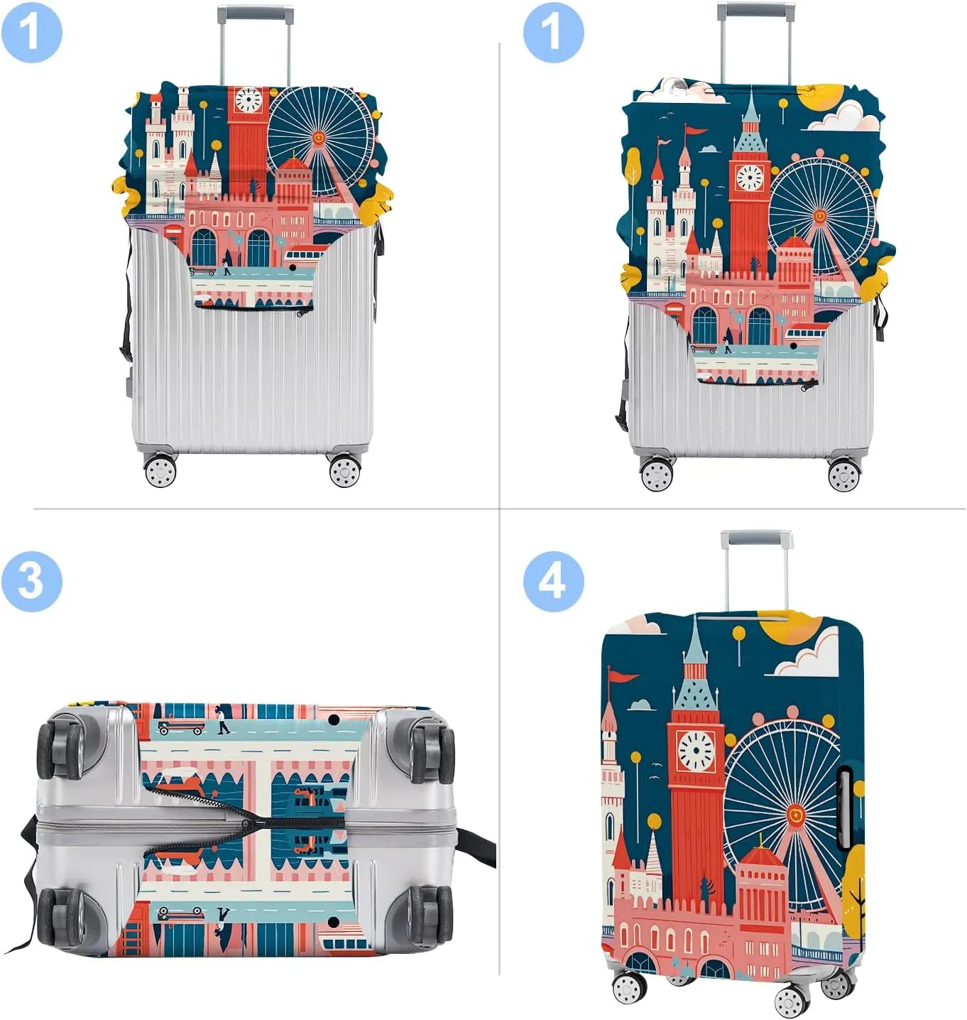 Luggage Cover Washable Suitcase Protector Anti-Scratch,Stretchable Fit for 18-32Inch Luggage Durable Travel Bag Cover with Zipper Closure (London, M(22-25inch suitcase))