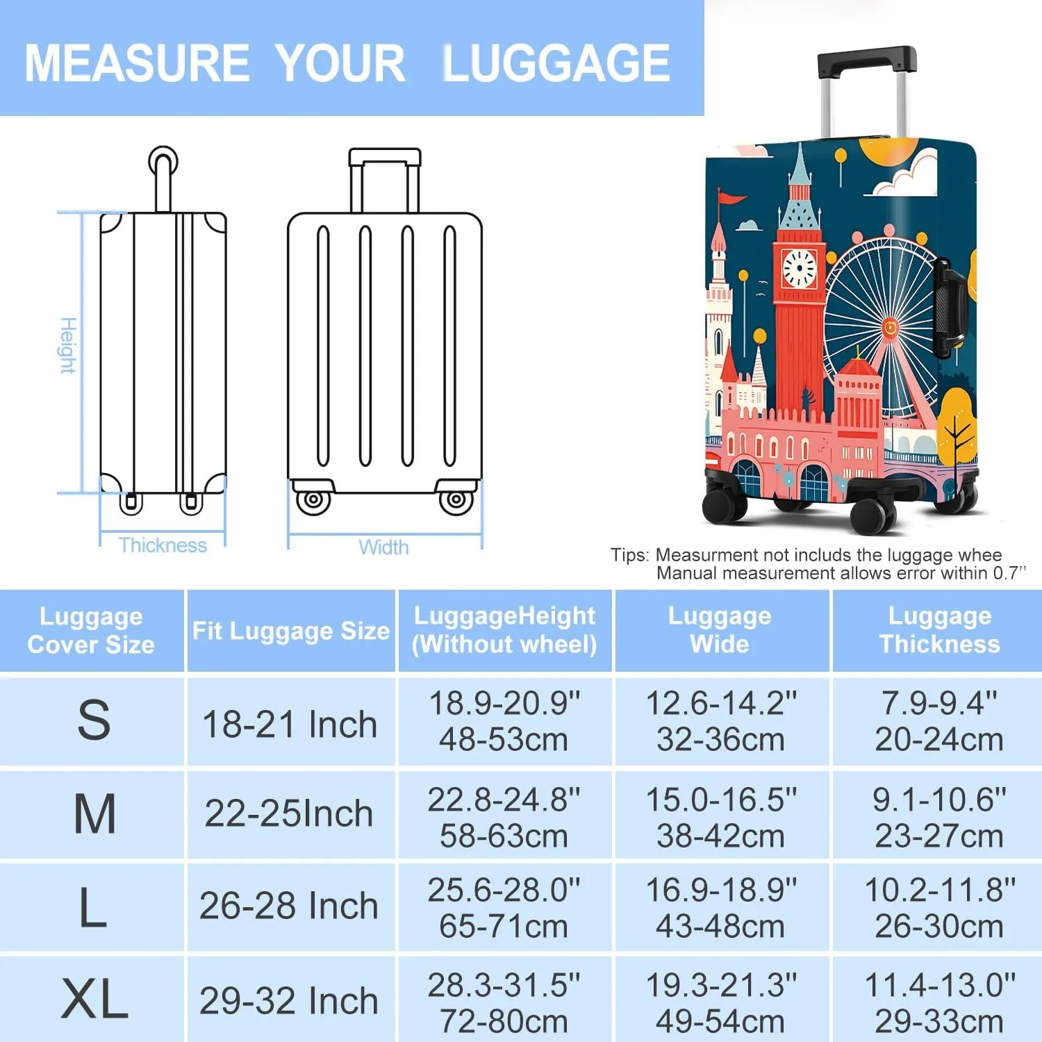 Luggage Cover Washable Suitcase Protector Anti-Scratch,Stretchable Fit for 18-32Inch Luggage Durable Travel Bag Cover with Zipper Closure (London, M(22-25inch suitcase))