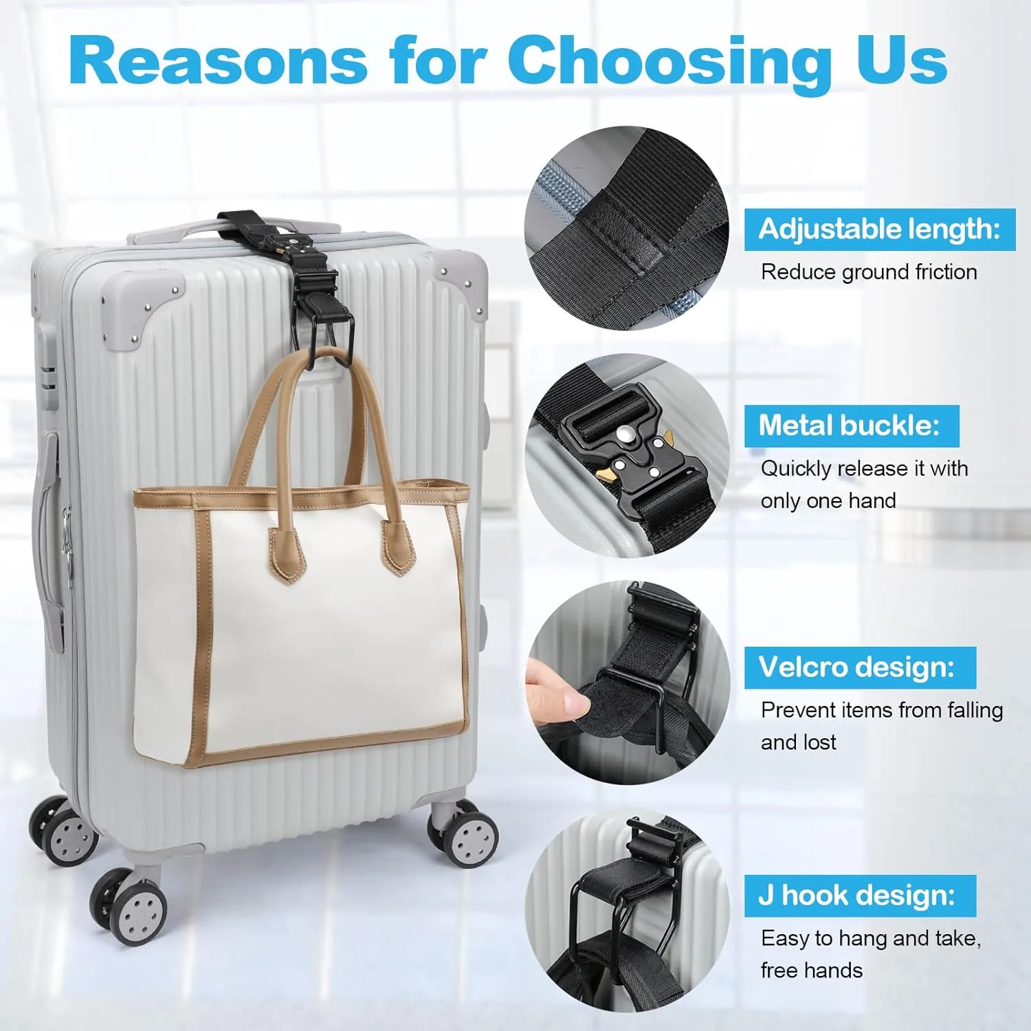 Luggage Hook Strap, Luggage J Hooks to Add a Bag Flight Attendant, Adjustable Luggage Connector Hook with Hands Free