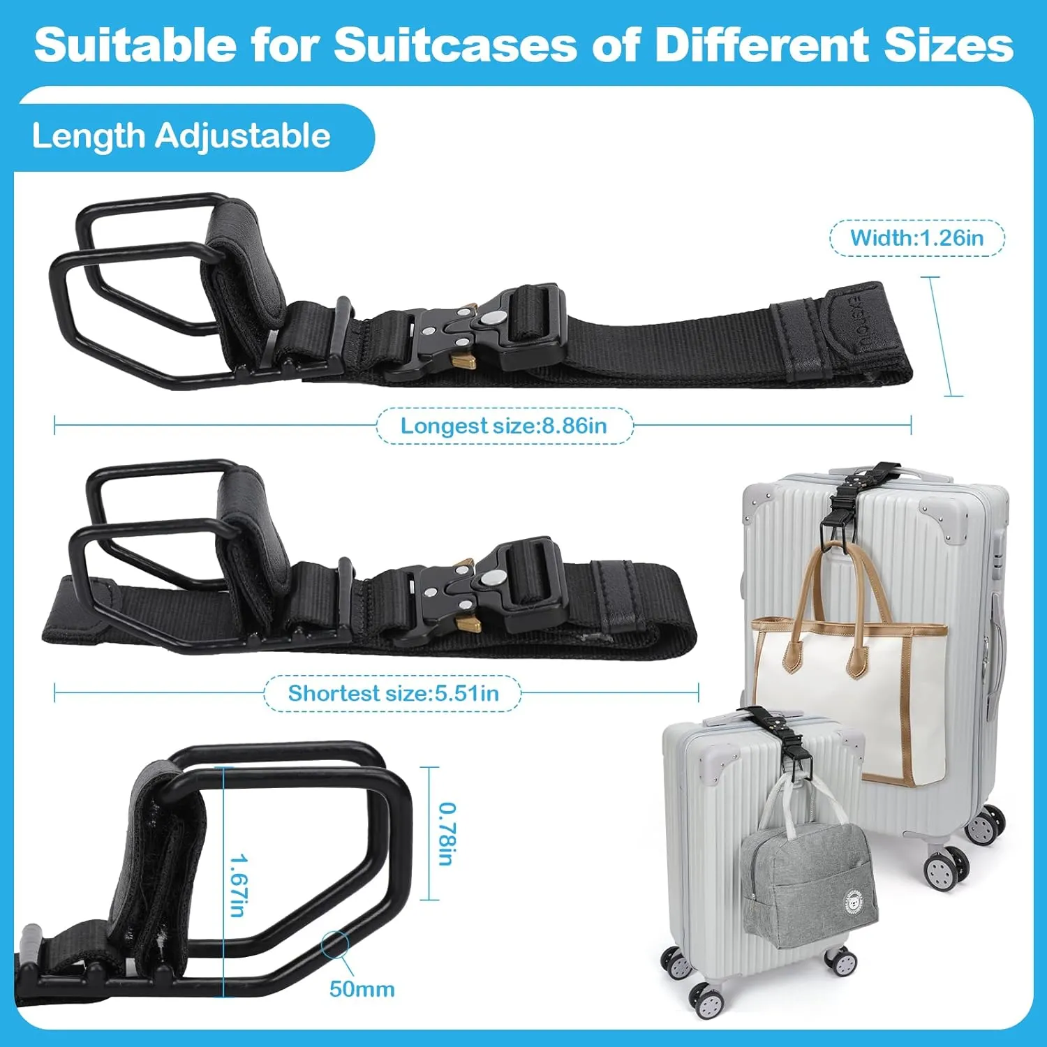 Luggage Hook Strap, Luggage J Hooks to Add a Bag Flight Attendant, Adjustable Luggage Connector Hook with Hands Free