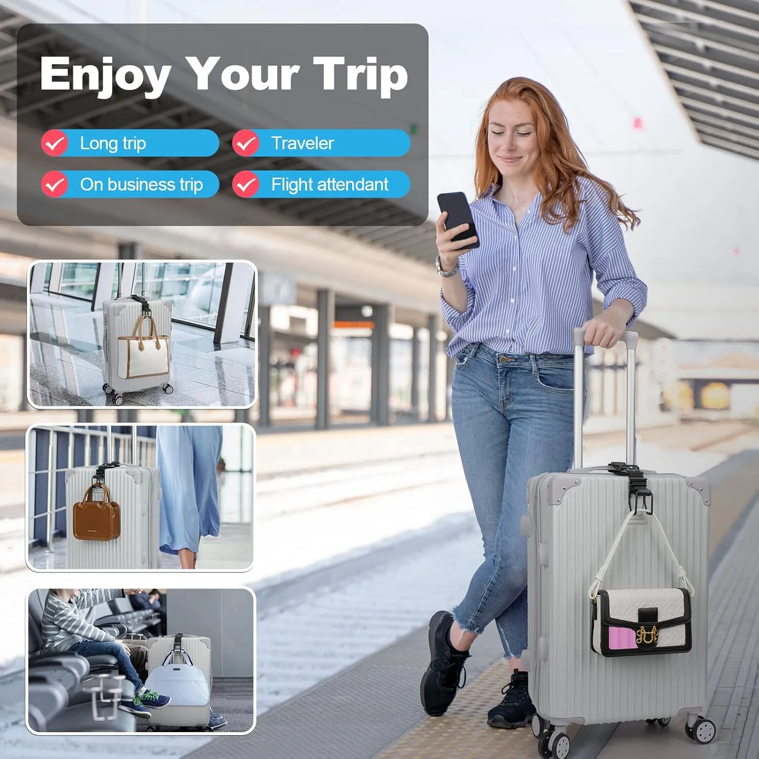 Luggage Hook Strap, Luggage J Hooks to Add a Bag Flight Attendant, Adjustable Luggage Connector Hook with Hands Free