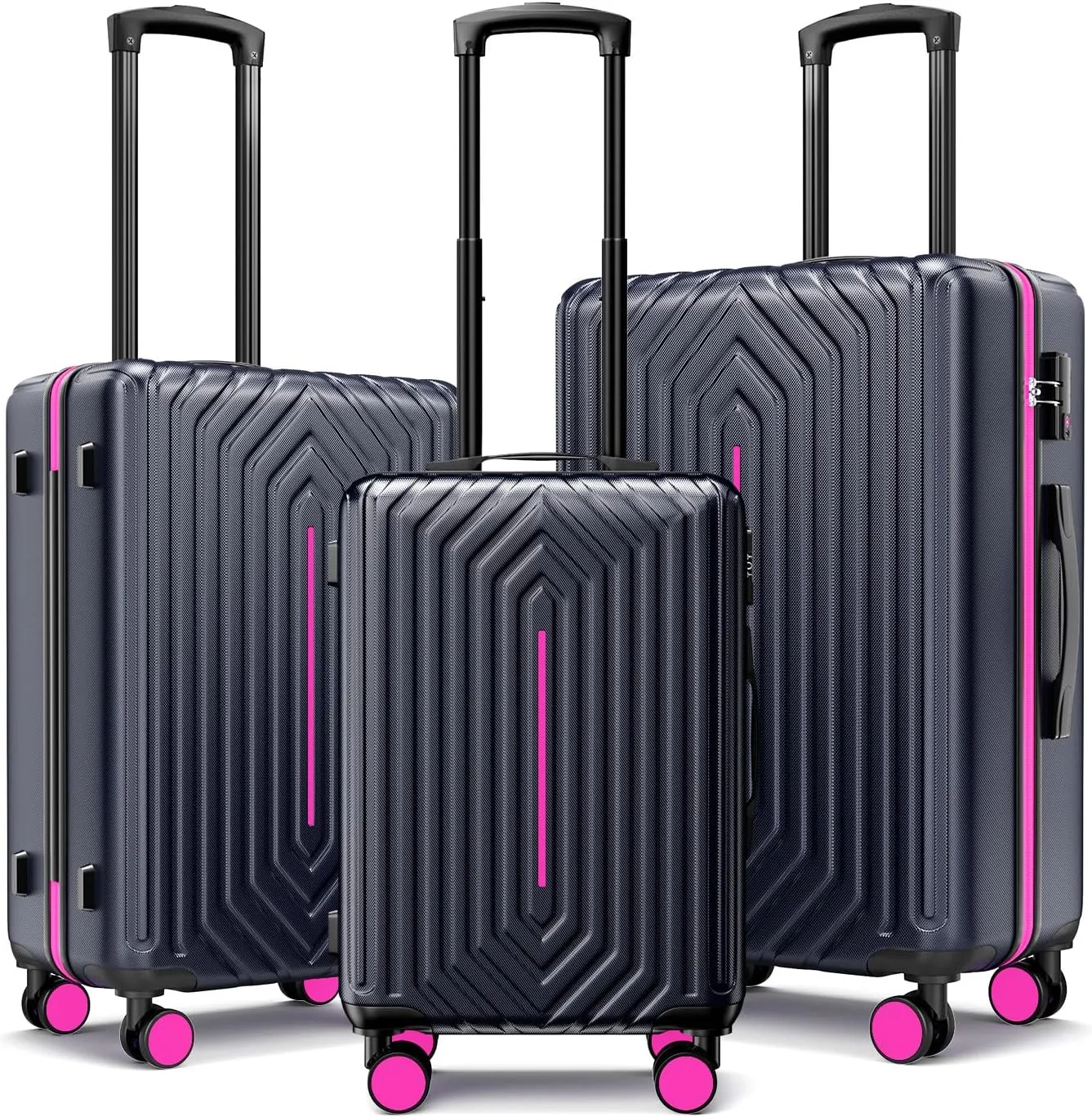 Luggage Sets 3 Piece Hardside Suitcase with Double Spinner Wheels Durable Lightweight Shell with Tsa Lock (20/24/28in) Rose Red With Dark Blue