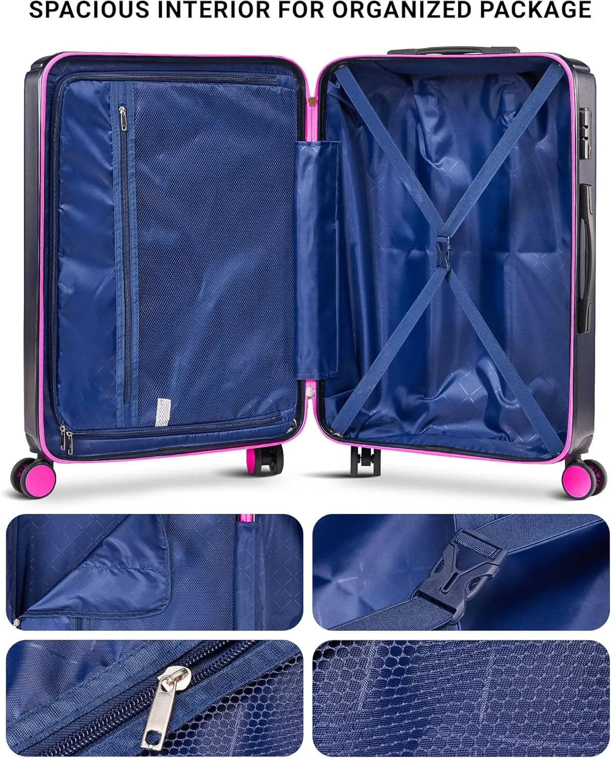 Luggage Sets 3 Piece Hardside Suitcase with Double Spinner Wheels Durable Lightweight Shell with Tsa Lock (20/24/28in) Rose Red With Dark Blue
