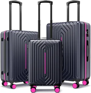 Luggage Sets 3 Piece Hardside Suitcase with Double Spinner Wheels Durable Lightweight Shell with Tsa Lock (20/24/28in) Rose Red With Dark Blue