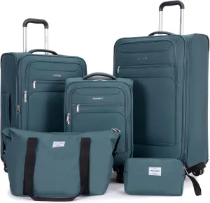 Luggage Sets 5 Piece Softside Expandable Suitcase set With Spinner Wheels Duffel Bag And Toiletry Bag, Lightweight Carry-On And Checked Luggage (10" 16" 18" 23" 27"), Dark Green