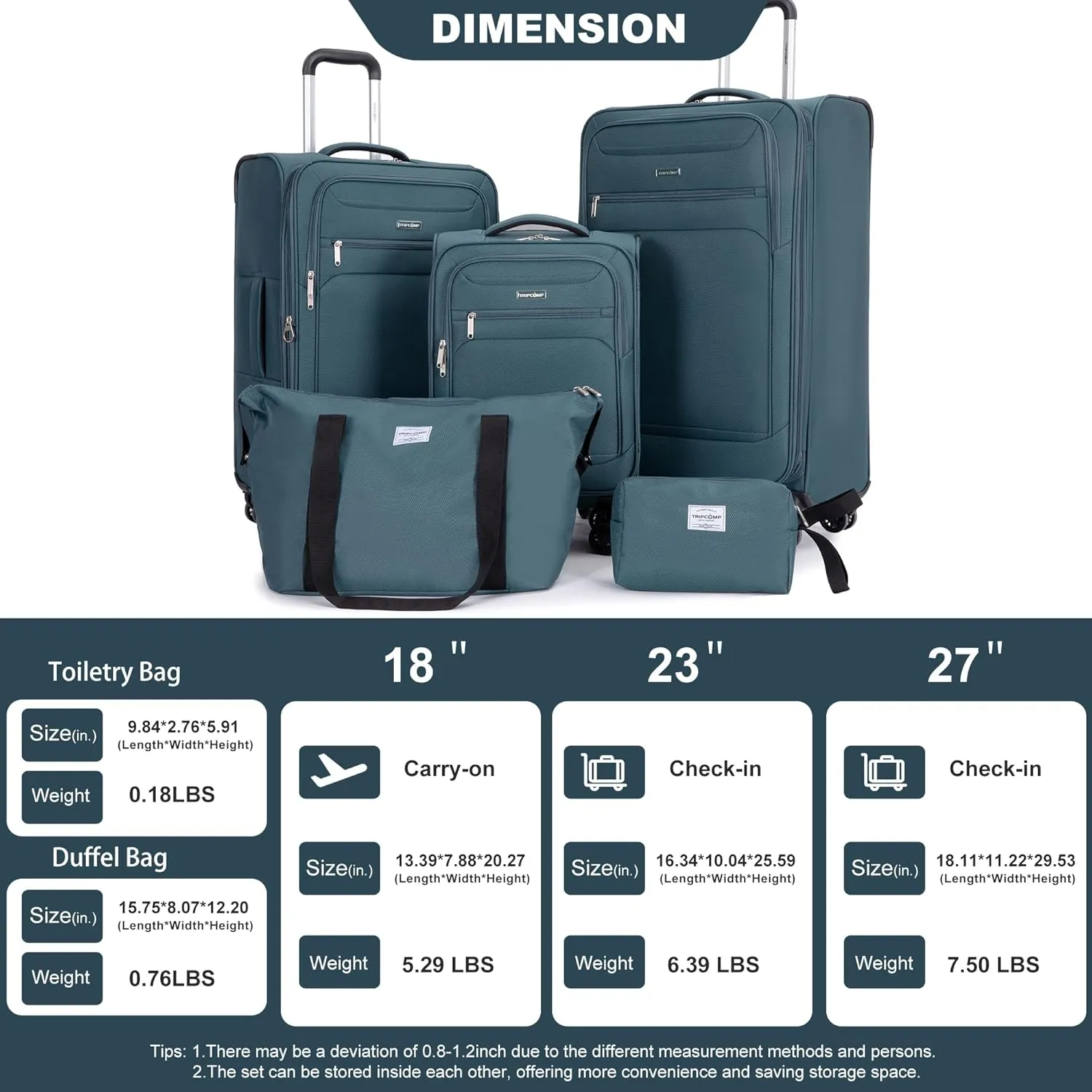 Luggage Sets 5 Piece Softside Expandable Suitcase set With Spinner Wheels Duffel Bag And Toiletry Bag, Lightweight Carry-On And Checked Luggage (10" 16" 18" 23" 27"), Dark Green