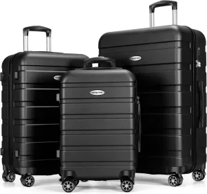 Luggage Sets Hardside Lightweight Suitcase with Spinner Wheels TSA Lock, 3-Piece Set (20/24/28), Black