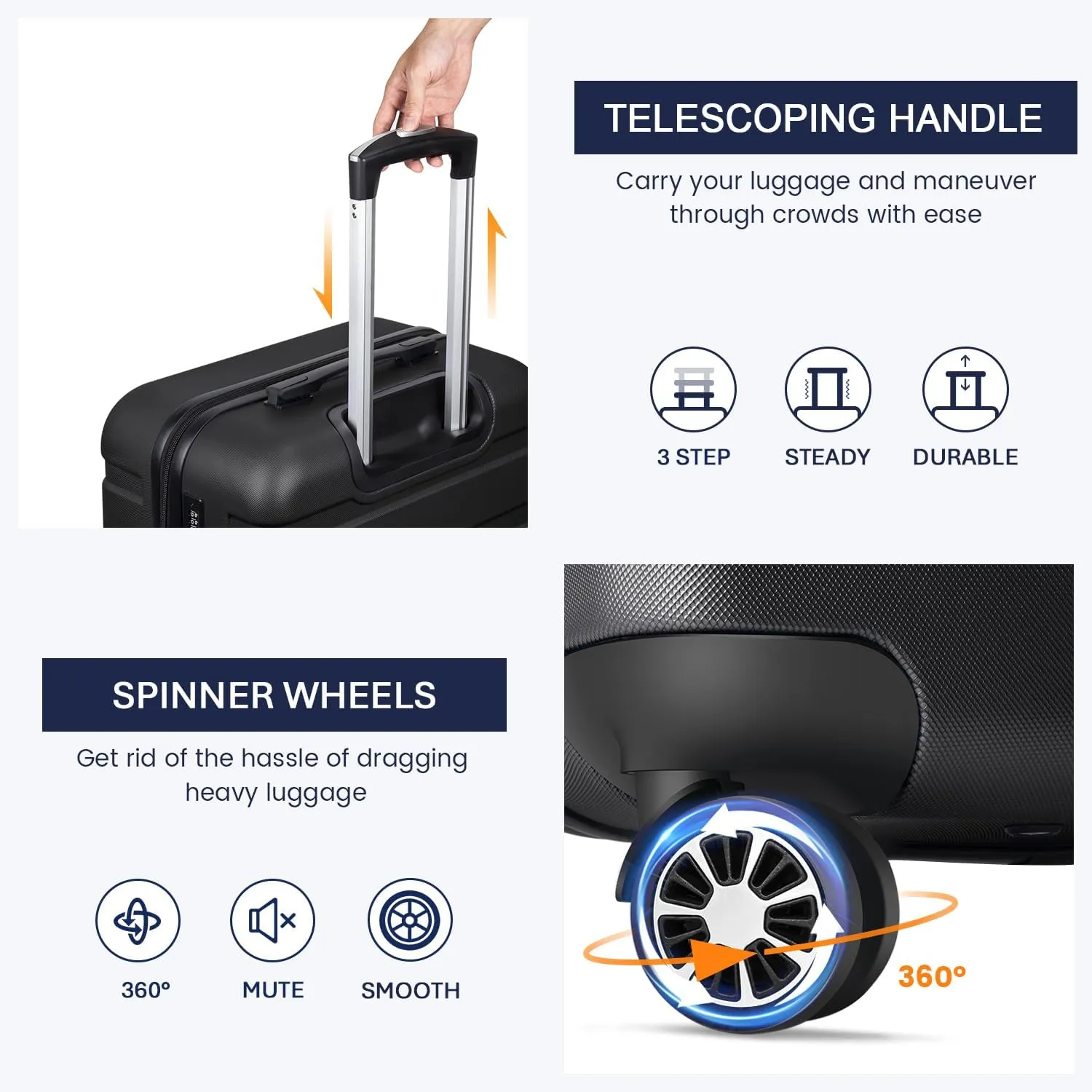 Luggage Sets Hardside Lightweight Suitcase with Spinner Wheels TSA Lock, 3-Piece Set (20/24/28), Black