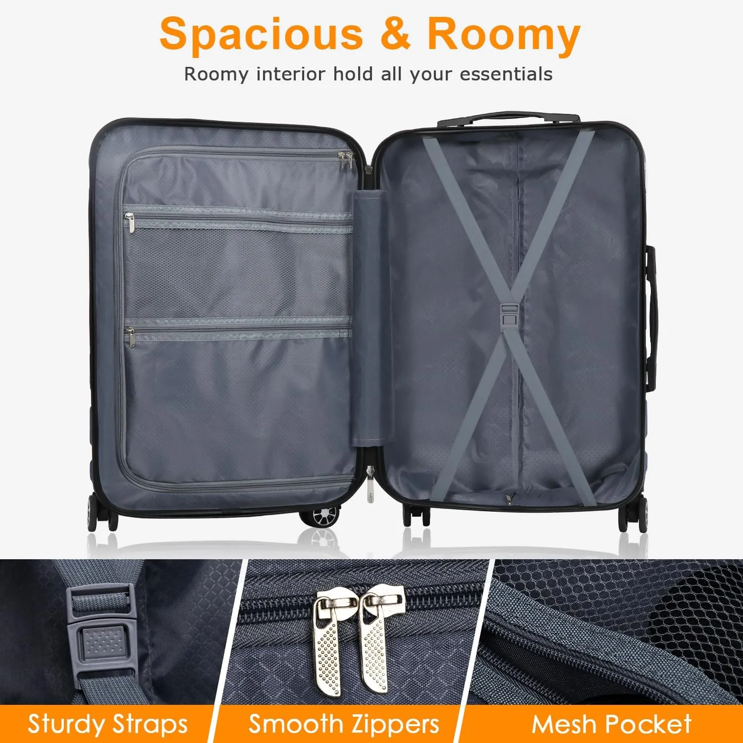 Luggage Sets Hardside Lightweight Suitcase with Spinner Wheels TSA Lock, 3-Piece Set (20/24/28), Black