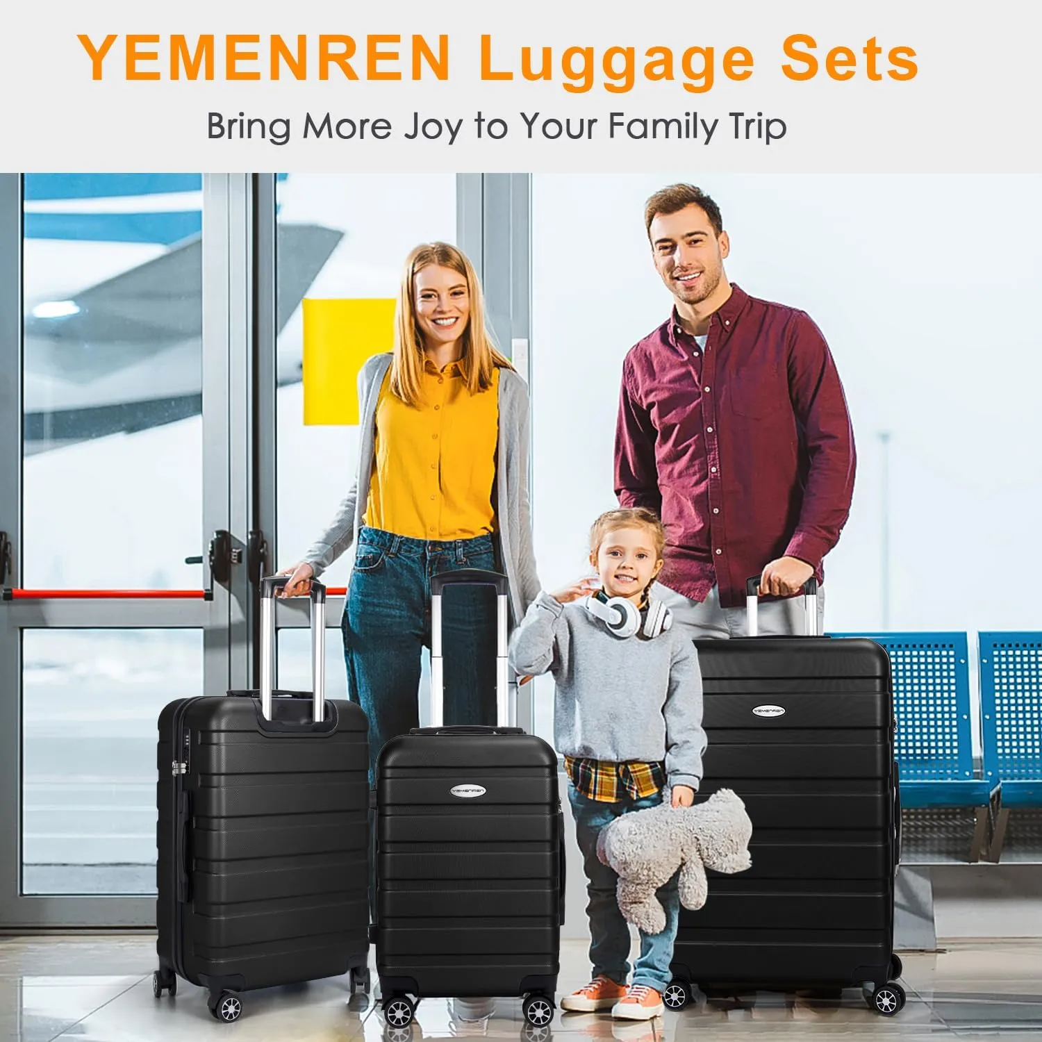 Luggage Sets Hardside Lightweight Suitcase with Spinner Wheels TSA Lock, 3-Piece Set (20/24/28), Black