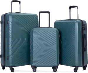 Luggage Sets Wear-Resistance Hardside Lightweight Suitcase Double Spinner Wheels, TSA Lock,Two Hooks, Scratch-resistant Carry-on, 3 Piece Set(20/24/28) (Dark Green)