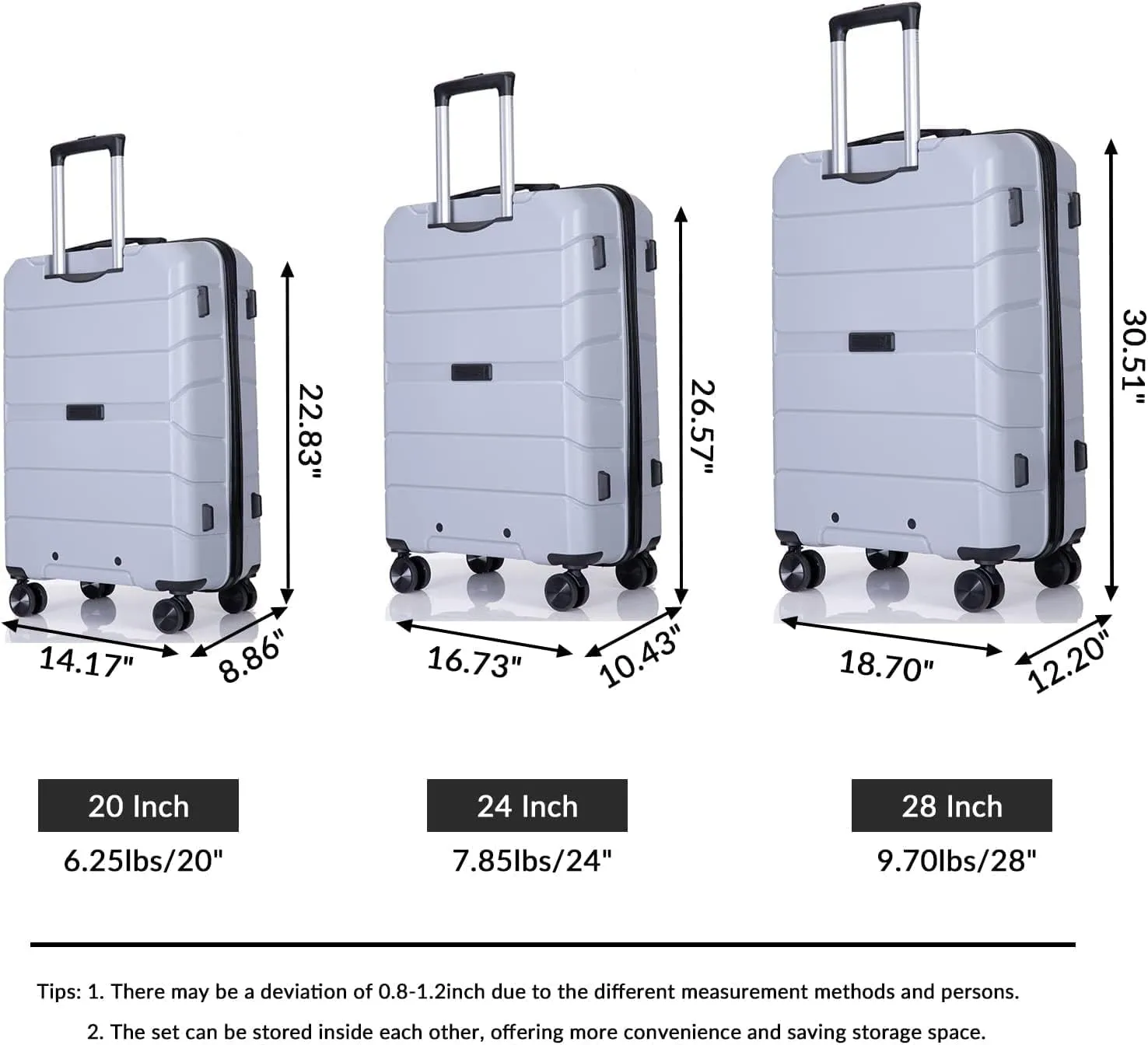 Luggage Sets Wear-Resistance Hardside Lightweight Suitcase Double Spinner Wheels, TSA Lock,Two Hooks, Scratch-resistant Carry-on,3 Piece Set(20inch 24inch 28inch) (Silver)