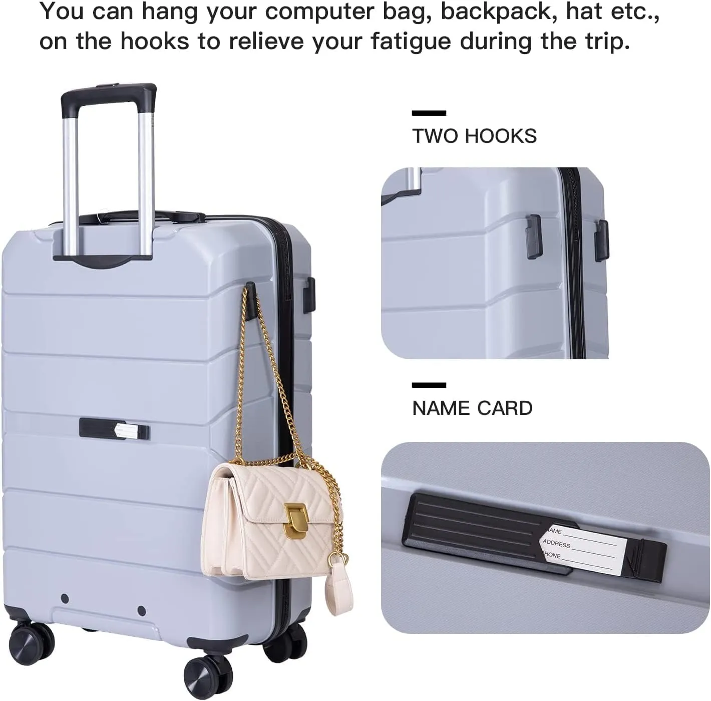 Luggage Sets Wear-Resistance Hardside Lightweight Suitcase Double Spinner Wheels, TSA Lock,Two Hooks, Scratch-resistant Carry-on,3 Piece Set(20inch 24inch 28inch) (Silver)