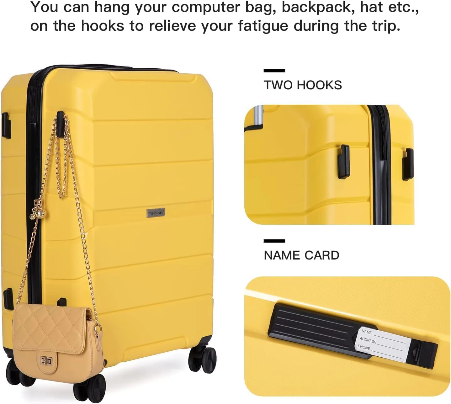 Luggage Sets Wear-Resistance Hardside Lightweight Suitcase Double Spinner Wheels, TSA Lock,Two Hooks, Scratch-resistant Carry-on,3 Piece Set(20inch 24inch 28inch) (Yellow)