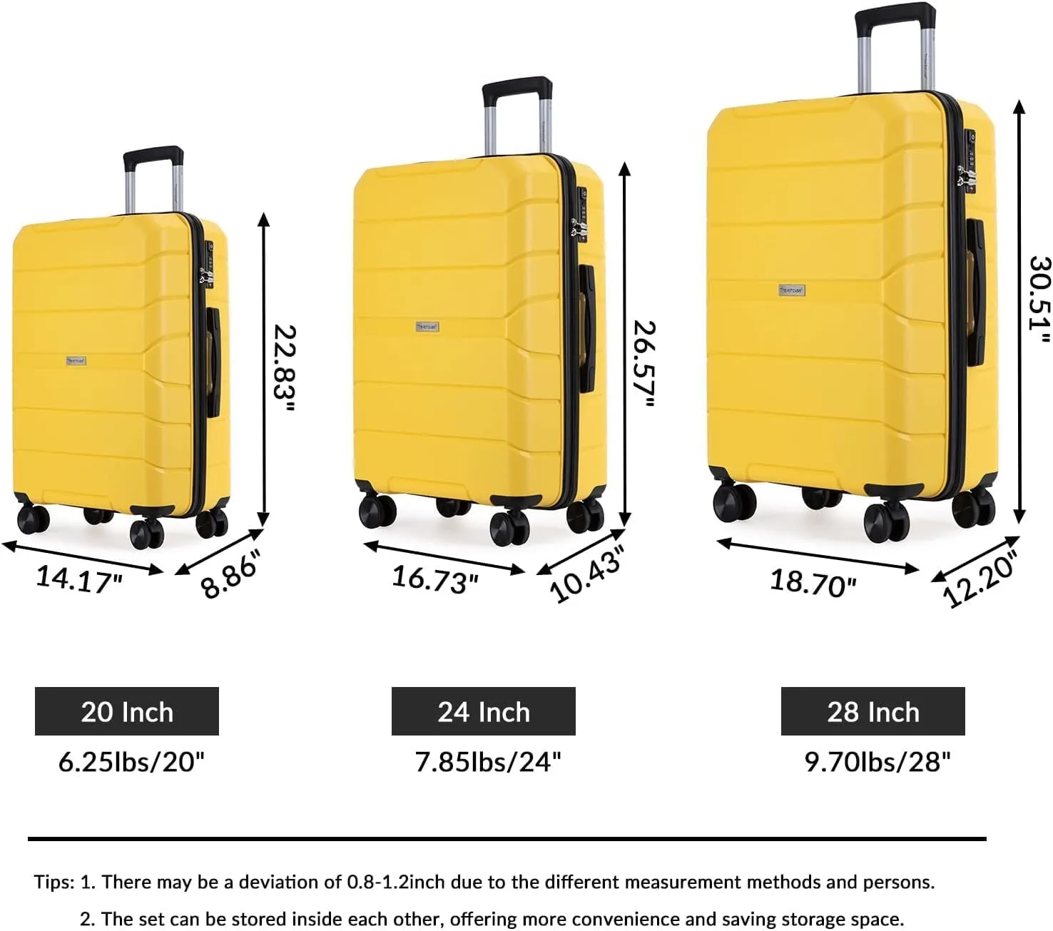 Luggage Sets Wear-Resistance Hardside Lightweight Suitcase Double Spinner Wheels, TSA Lock,Two Hooks, Scratch-resistant Carry-on,3 Piece Set(20inch 24inch 28inch) (Yellow)