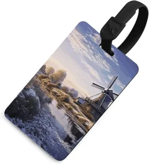 Luggage Tags Privacy Protection Bag Tags Travel Essentials Landscape with A Traditional Windmill Luggage Tags for Suitcases International Travel