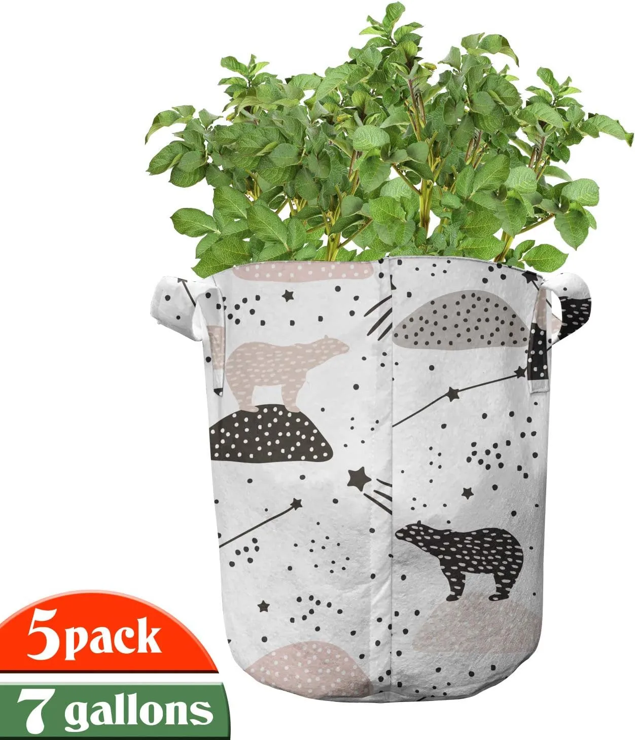 Lunarable Constellation Grow Bags 5-Pack, Polar Bear on Boulder, Heavyduty Fabric Pots with Handles for Plants, 7 Gallon, Beige Tan Dark Taupe