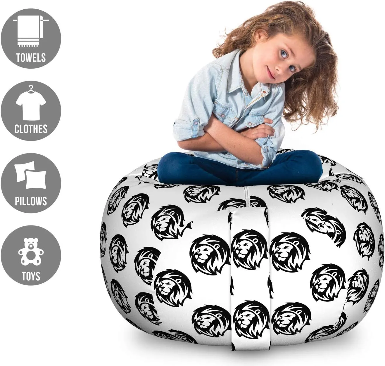 Lunarable Lion Storage Toy Bag Chair, Monochrome Portrait of a Lion with a Proud Expression Sketch of Jungle King Head, Stuffed Animal Organizer Washable Bag, Large Size, Black and White