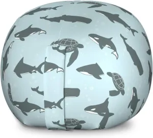 Lunarable Orca Storage Toy Bag Chair, Continuous Pattern of Whale Shark and Turtle Bubbles Aquatic Animals, Stuffed Animal Organizer Washable Bag, Large Size, Blue Grey