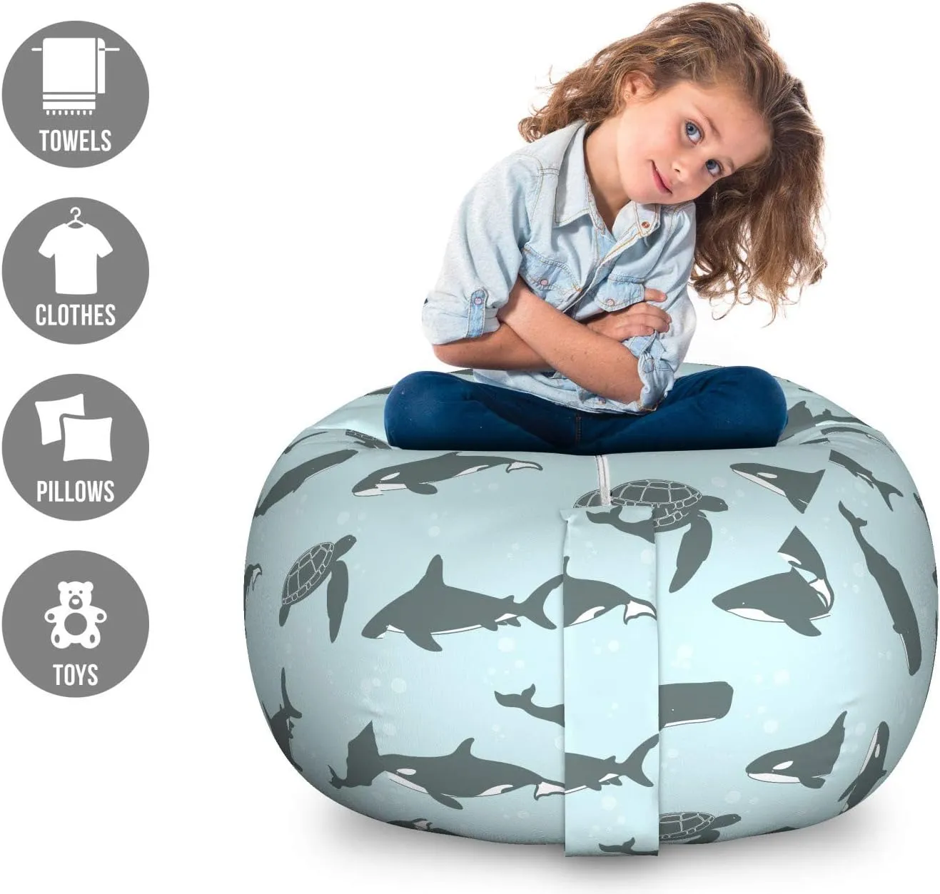 Lunarable Orca Storage Toy Bag Chair, Continuous Pattern of Whale Shark and Turtle Bubbles Aquatic Animals, Stuffed Animal Organizer Washable Bag, Large Size, Blue Grey