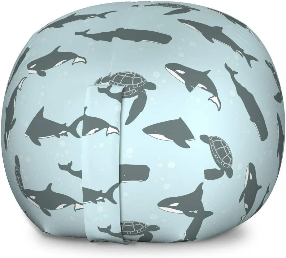 Lunarable Orca Storage Toy Bag Chair, Continuous Pattern of Whale Shark and Turtle Bubbles Aquatic Animals, Stuffed Animal Organizer Washable Bag, Large Size, Blue Grey