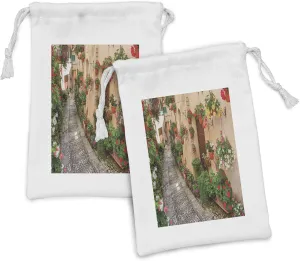 Lunarable Tuscan Fabric Pouch Set of 2, Entrance to Mediterranean Tuscan House Rustic Wooden Door and Colorful Flowers Image, Small Drawstring Bag for Toiletries Masks and Favors, 9" x 6", Multicolor
