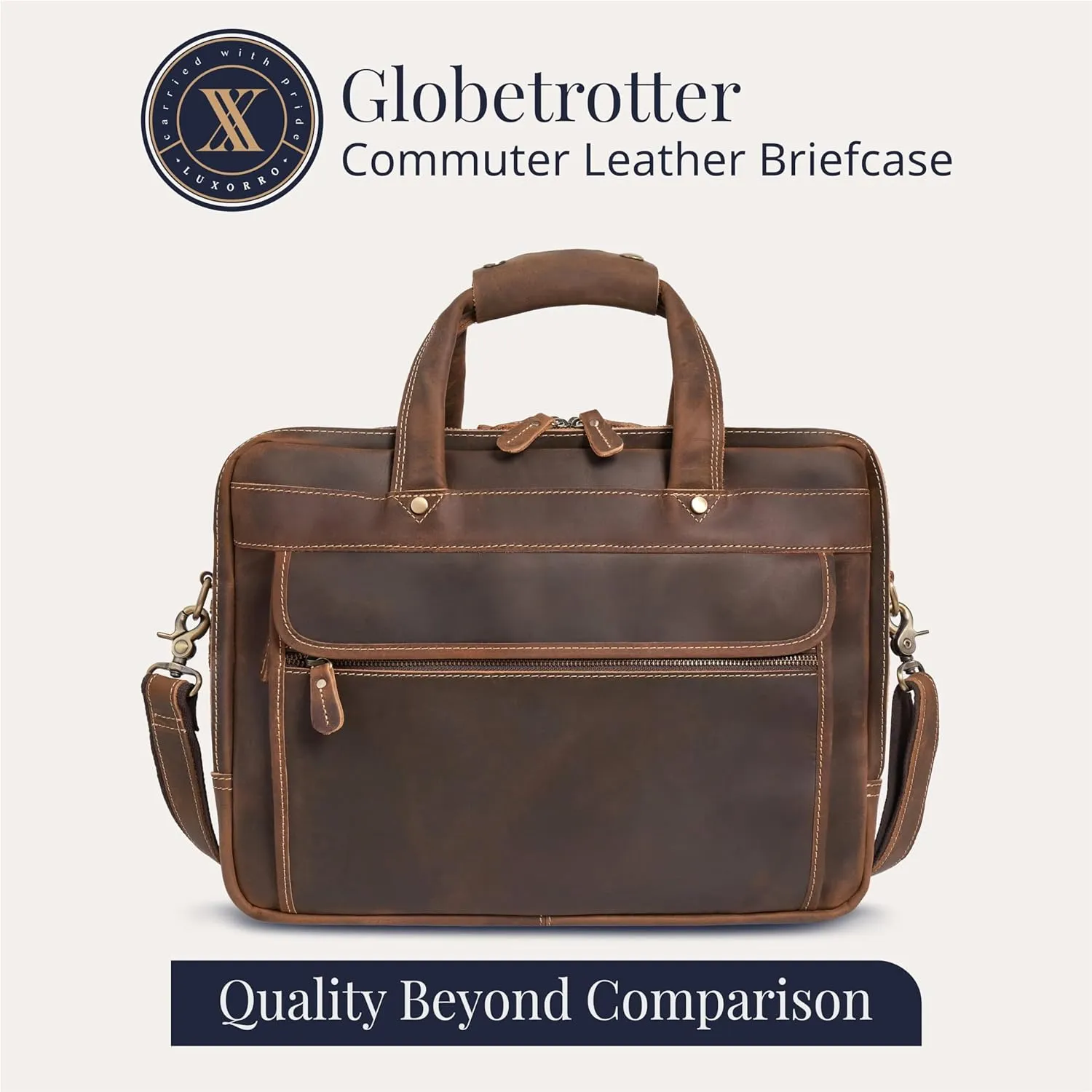 Luxorro Full Grain Leather Briefcase for Men, Top Choice Gifts, Handcrafted Laptop Bag with Multiple Compartments and Brass Hardware, Fits 15.6 Inch Laptop