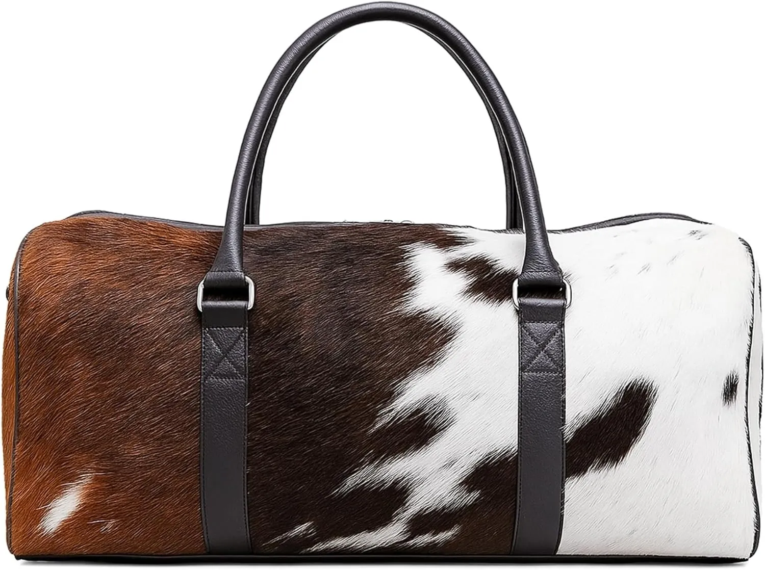 Luxurious Cowhide Duffel Bag for Men's and Women's - Large Size Unisex Travel Duffle Bag, Unique Leather Gym Bag Weekender Overnight Premium Quality Cow Hair on Duffle (Blackish-Brown)