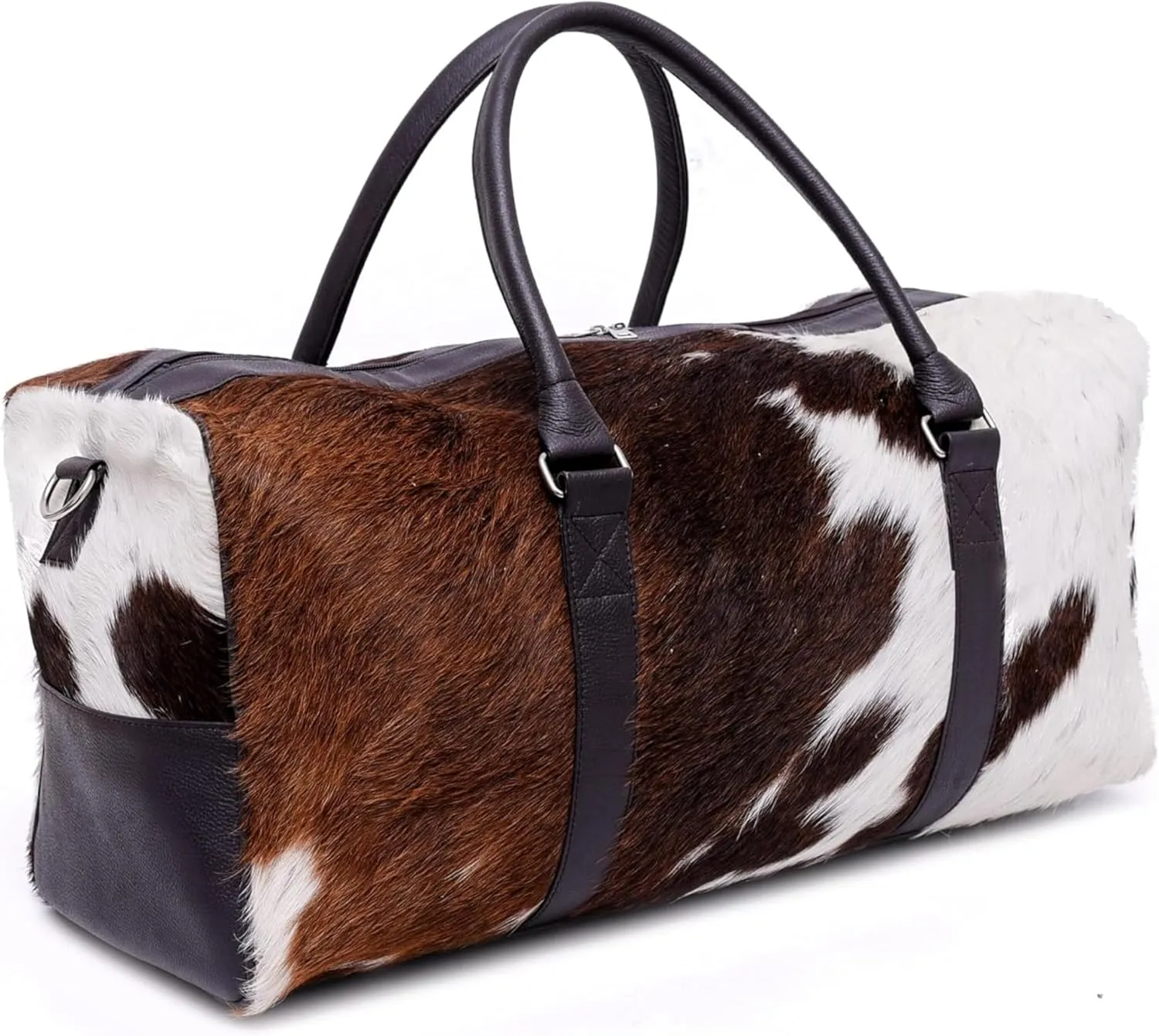 Luxurious Cowhide Duffel Bag for Men's and Women's - Large Size Unisex Travel Duffle Bag, Unique Leather Gym Bag Weekender Overnight Premium Quality Cow Hair on Duffle (Blackish-Brown)