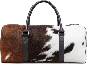 Luxurious Cowhide Duffel Bag for Men's and Women's - Large Size Unisex Travel Duffle Bag, Unique Leather Gym Bag Weekender Overnight Premium Quality Cow Hair on Duffle (Blackish-Brown)