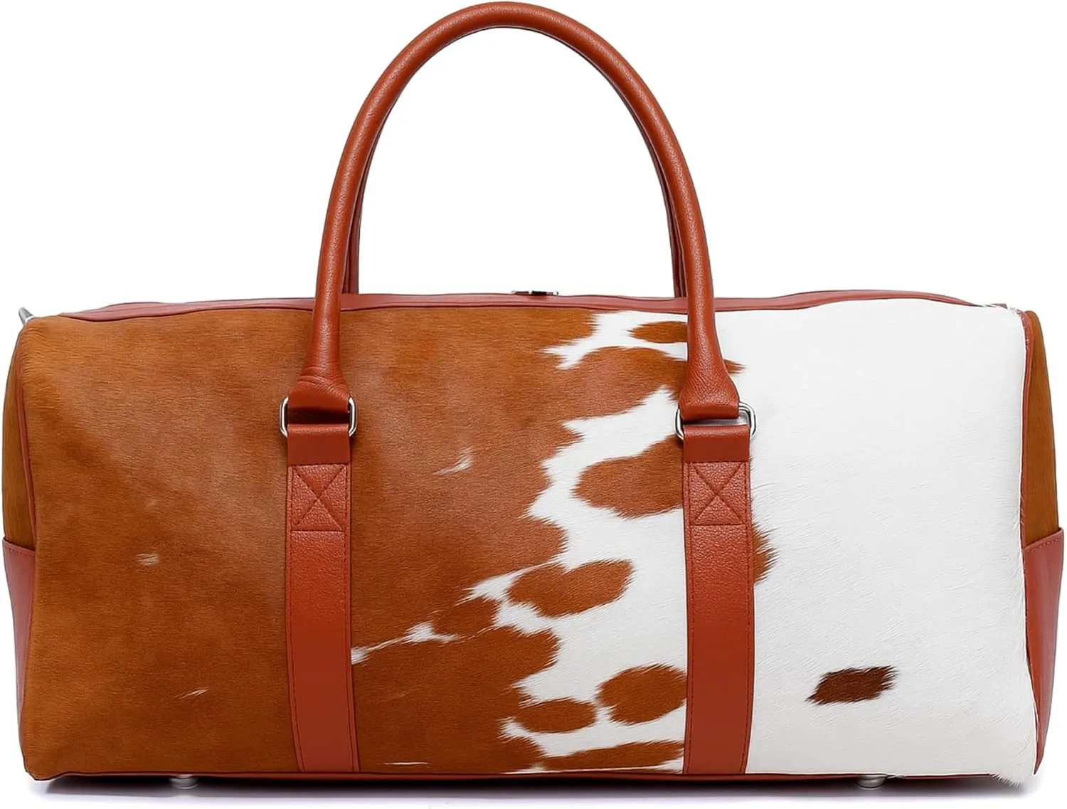 Luxurious Cowhide Duffel Bag for Men's and Women's - Large Size Unisex Travel Duffle Bag, Unique Leather Gym Bag Weekender Overnight Premium Quality Cow Hair on Duffle (Tan Brown)