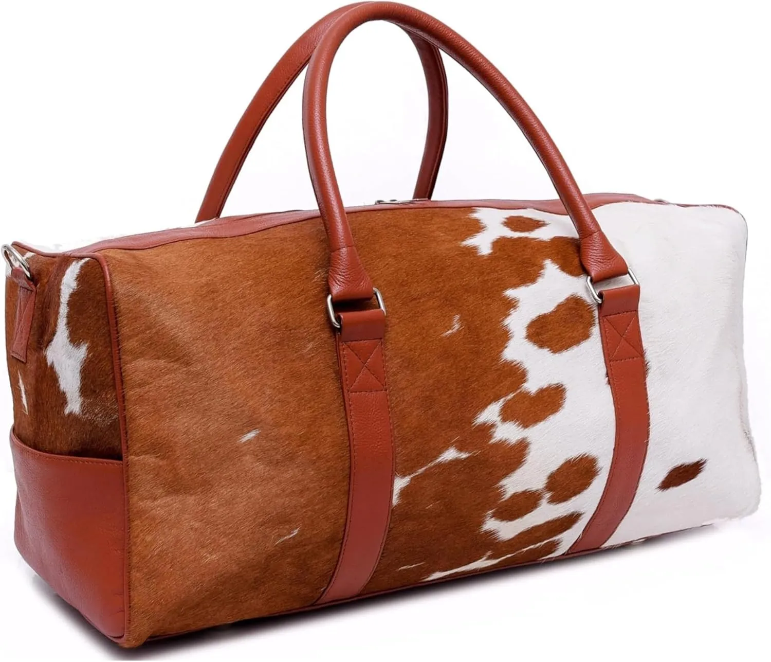 Luxurious Cowhide Duffel Bag for Men's and Women's - Large Size Unisex Travel Duffle Bag, Unique Leather Gym Bag Weekender Overnight Premium Quality Cow Hair on Duffle (Tan Brown)