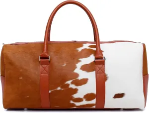 Luxurious Cowhide Duffel Bag for Men's and Women's - Large Size Unisex Travel Duffle Bag, Unique Leather Gym Bag Weekender Overnight Premium Quality Cow Hair on Duffle (Tan Brown)