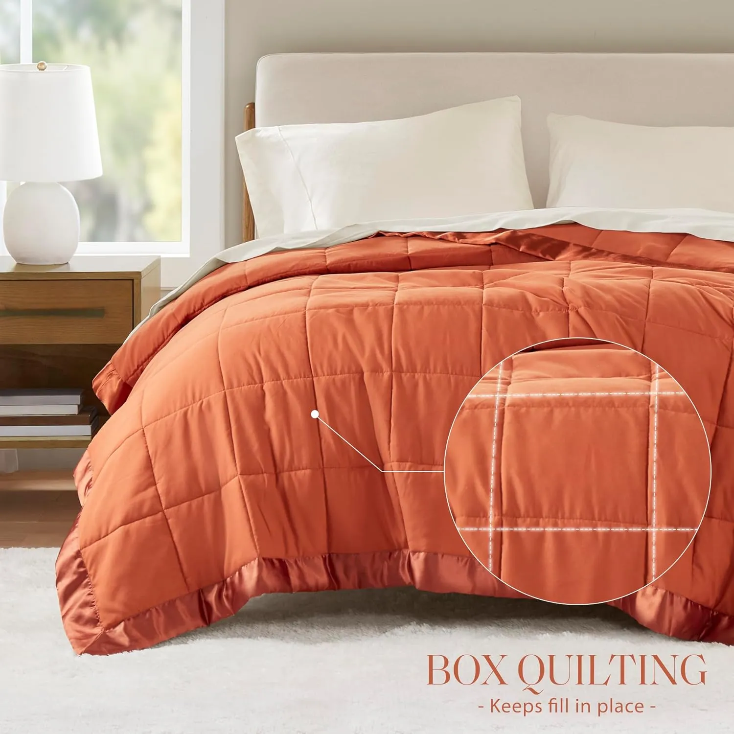 Madison Park Queen Blanket Quilted Microfiber, Satin Binding, 3M Scotchgard Moisture Wicking, Soft and Lightweight Summer Blanket for Couch, Windom, Full/Queen, Orange