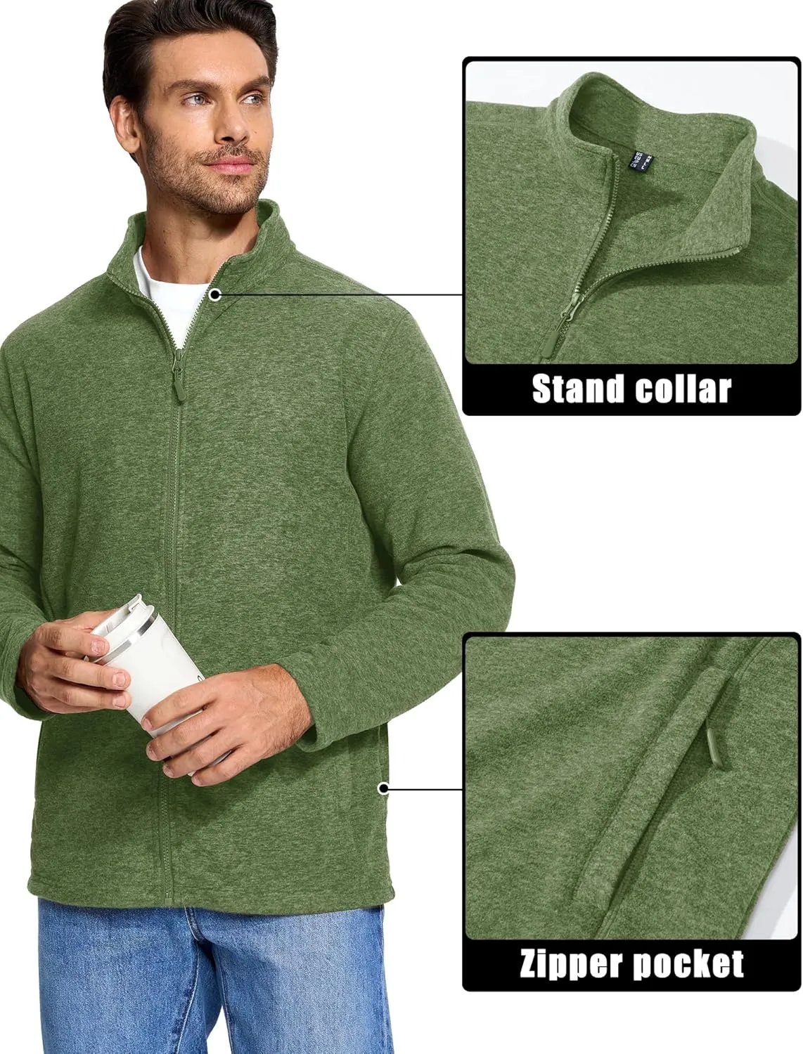 MAGCOMSEN Men's Fleece Full Zip Jacket Lightweight Stand Collar Jackets Soft Warm Windproof Casual Coats with Zipper Pockets
