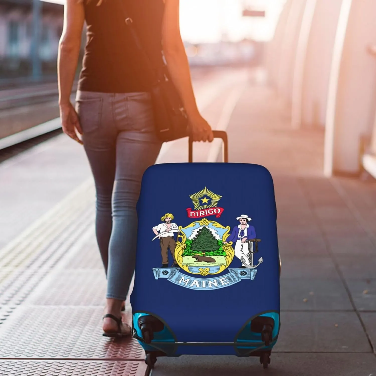 Maine State Flag Print Luggage Cover For Suitcases, Elastic Travel Bag For Luggage, Stylish Design
