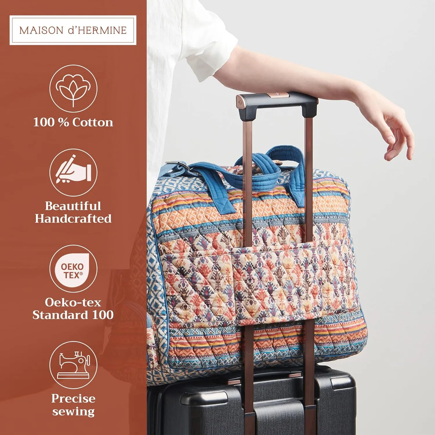 Maison d' Hermine Weekend Bag Cotton Quilted Duffel Overnight Luggage Weekender Gym Bag for Gifts Travel Men Women Business Travellers Family Trip, Ikat