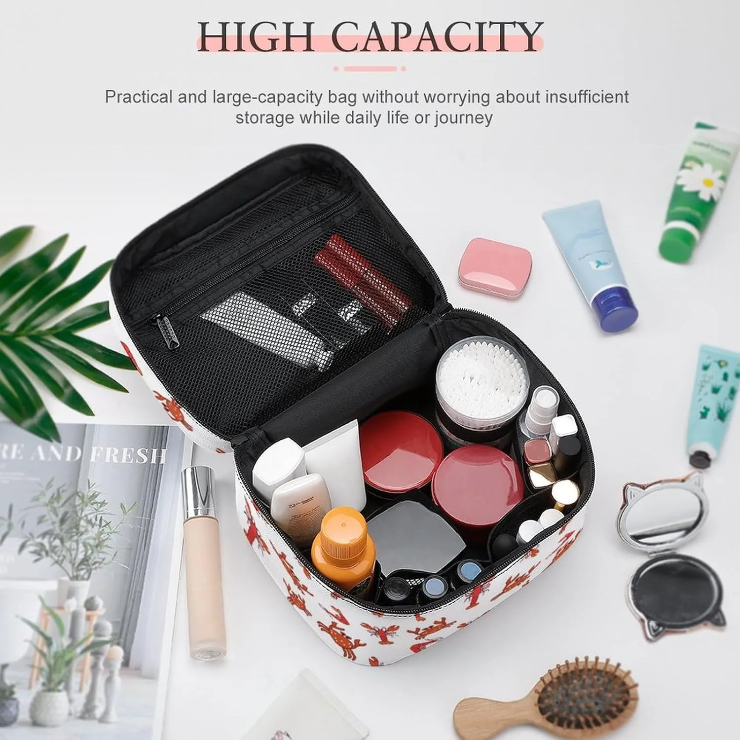 Makeup Bag Crab Lobster And Shrimp Cosmetic Bag for Women Beauty Zipper Makeup Organizer PU Leather Waterproof Toiletry Train Case Seafood