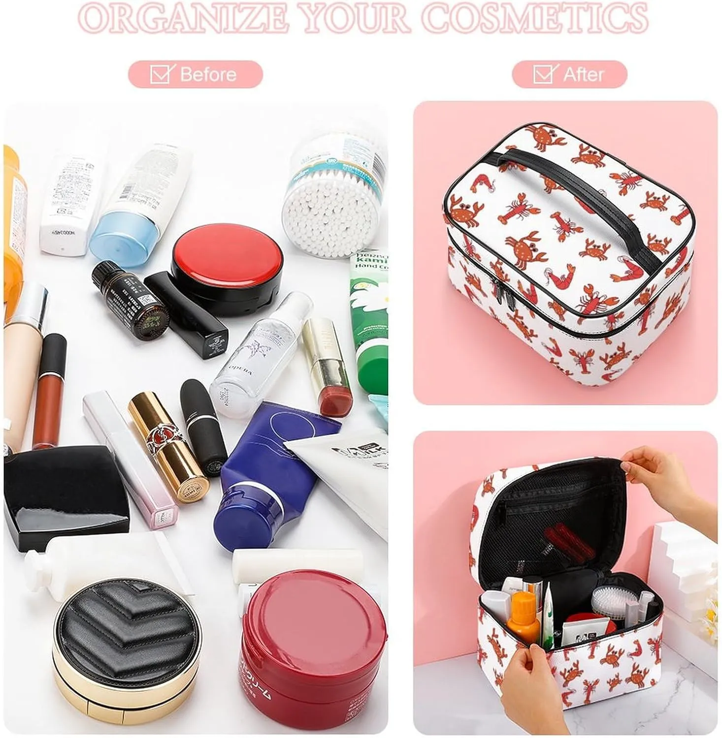 Makeup Bag Crab Lobster And Shrimp Cosmetic Bag for Women Beauty Zipper Makeup Organizer PU Leather Waterproof Toiletry Train Case Seafood
