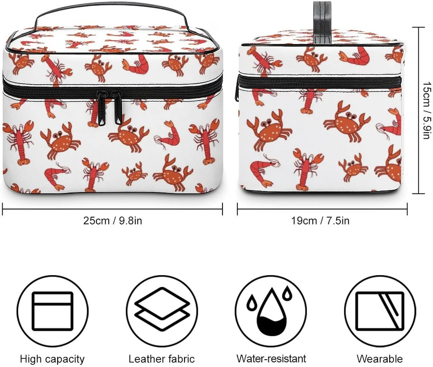 Makeup Bag Crab Lobster And Shrimp Cosmetic Bag for Women Beauty Zipper Makeup Organizer PU Leather Waterproof Toiletry Train Case Seafood