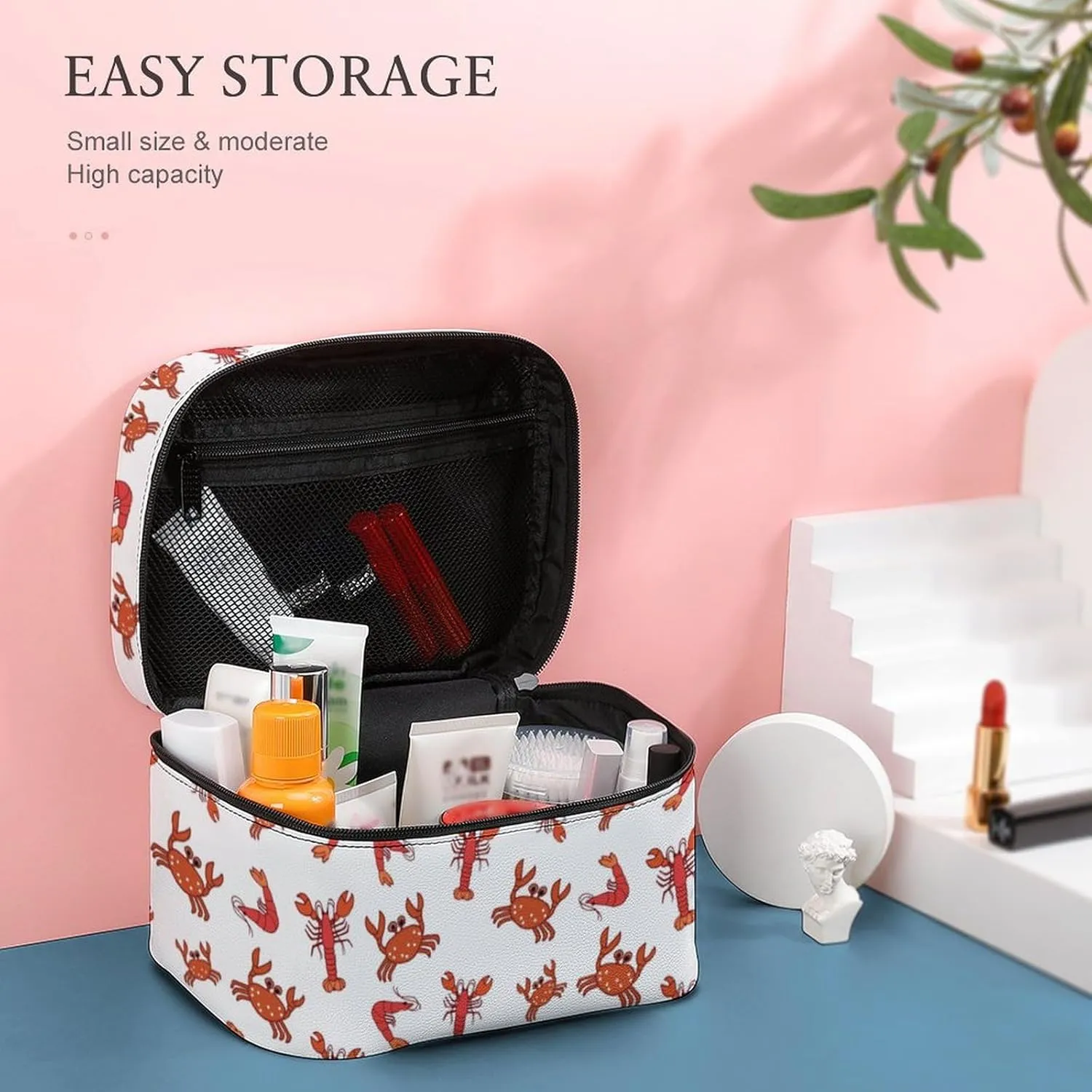 Makeup Bag Crab Lobster And Shrimp Cosmetic Bag for Women Beauty Zipper Makeup Organizer PU Leather Waterproof Toiletry Train Case Seafood
