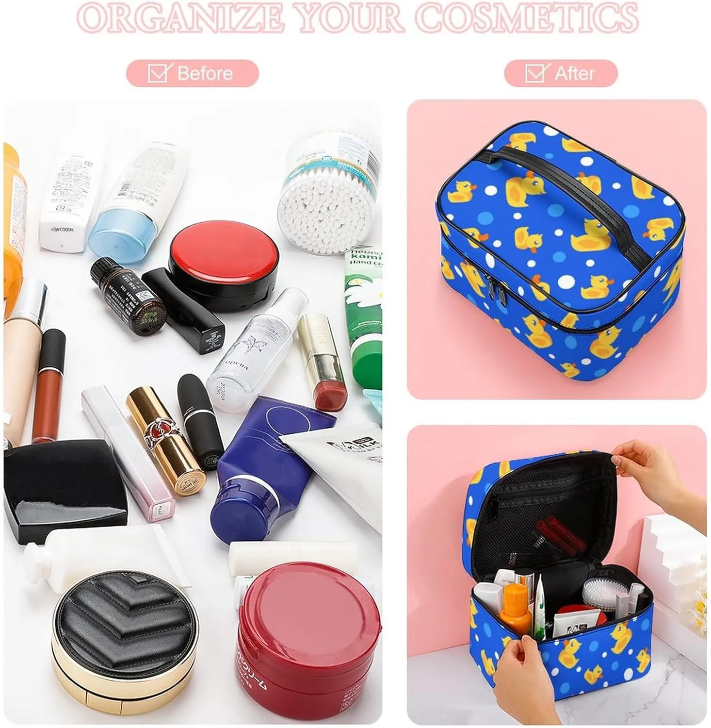 Makeup Bag Little Rubber Ducks Cute Cosmetic Bag for Women, Beauty Zipper Makeup Organizer PU Leather Waterproof Toiletry Train Case Bubbles