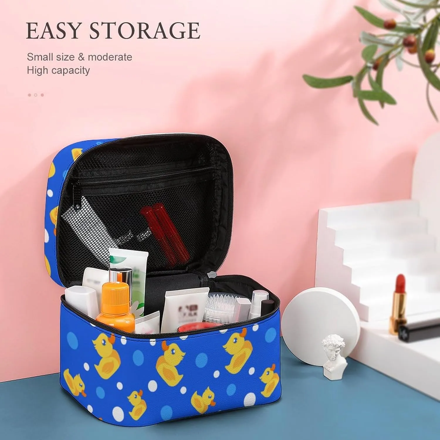 Makeup Bag Little Rubber Ducks Cute Cosmetic Bag for Women, Beauty Zipper Makeup Organizer PU Leather Waterproof Toiletry Train Case Bubbles