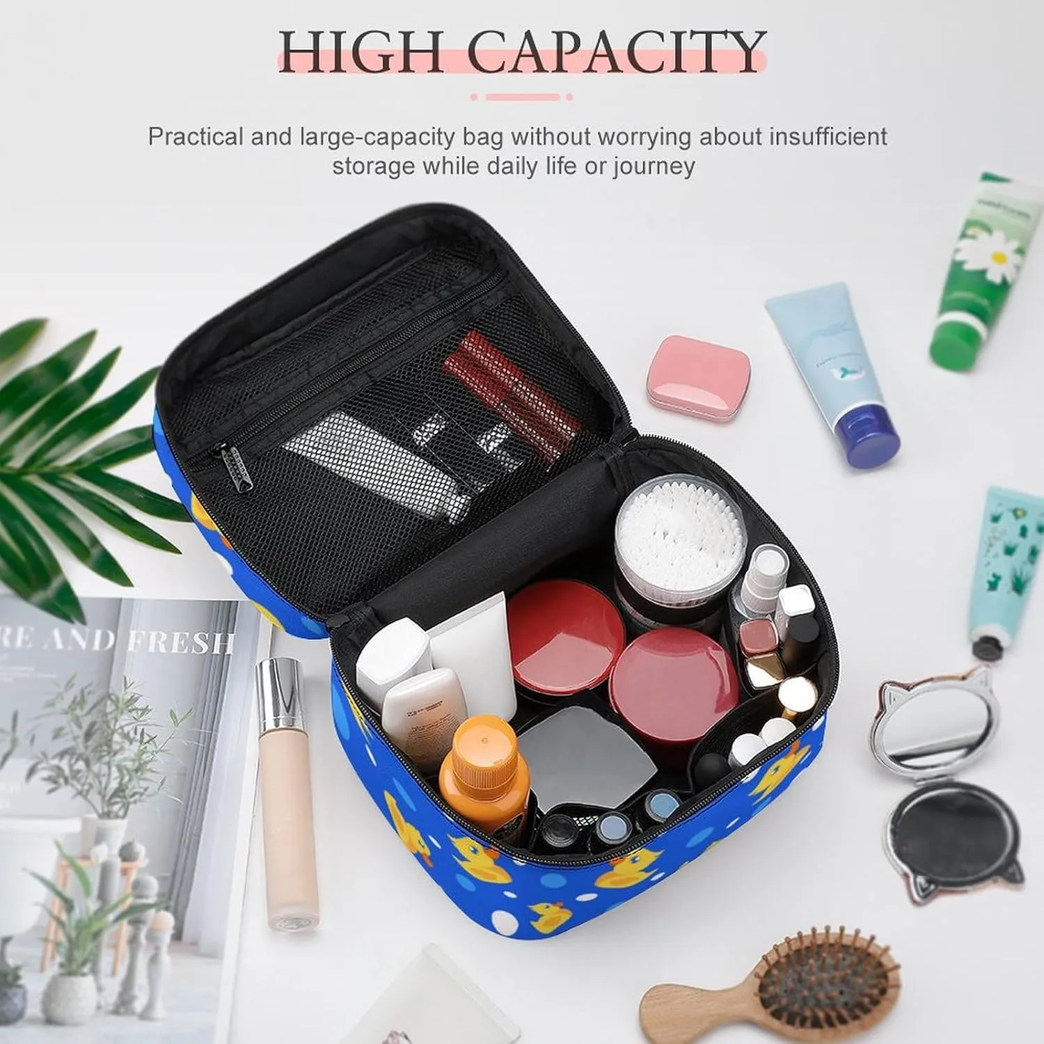Makeup Bag Little Rubber Ducks Cute Cosmetic Bag for Women, Beauty Zipper Makeup Organizer PU Leather Waterproof Toiletry Train Case Bubbles